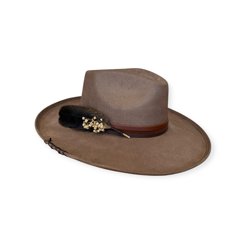 Brown Fedora Hat with Feather Accent